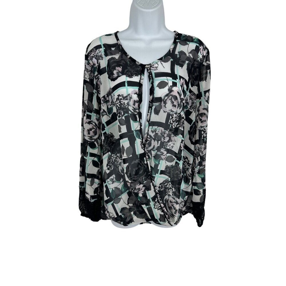 Democracy Women's Floral Sheer Faux Wrap Long Sleeve Blouse Size M